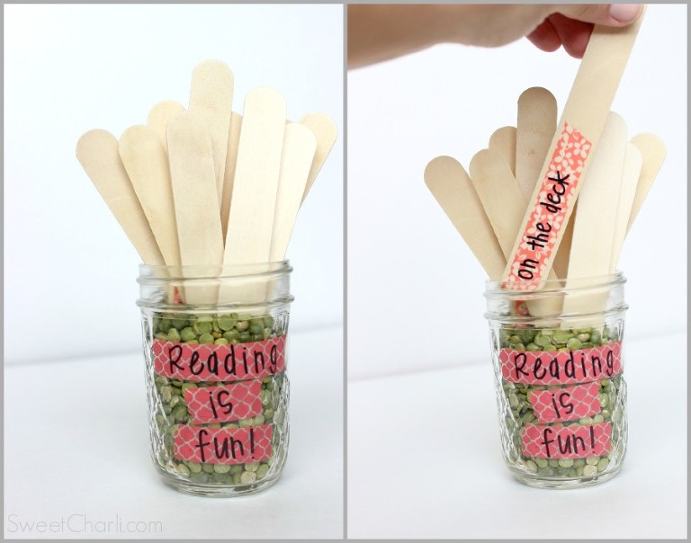 Summer reading sticks for kids. A new place to read listed on the stick for each new day. Great way to keep the kids motivated.